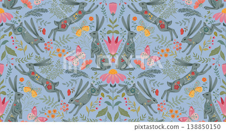 Vector seamless pattern with ornate hares, butterflies, flowers, plants forest tree branches. Folk art floral natural endless background. Vector seamless pattern with ornate hares, butterflies, flowers, plants forest tree branches. Folk art floral natural endless background. 138850150