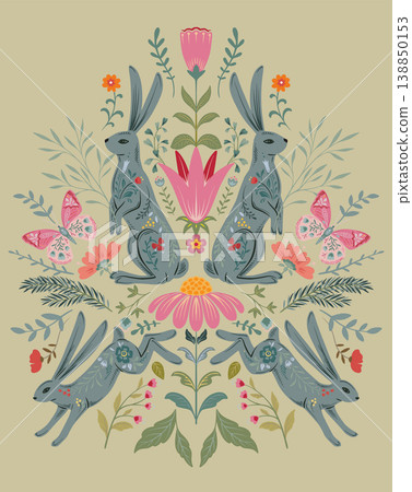Vector Folk Nordic art posters template with animals and plants. Hares in the forest. Modern trendy minimal style. Hand drawn design for wall decor, print, postcard, cover, banner Vector Folk Nordic art posters template with animals and plants. Hares in the forest. Modern trendy minimal style. Hand drawn design for wall decor, print, postcard, cover, banner 138850153