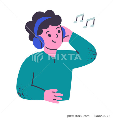 Little boy character in headphones listening to music, textured flat cartoon kid enjoying songs and melodies. Children music hobby and learning, playful vector illustration Little boy character in headphones listening to music, textured flat cartoon kid enjoying songs and melodies. Children music hobby and learning, playful vector illustration 138850272