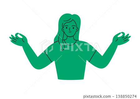 Monochrome woman character in meditation pose with hands at sides and folded fingers, flat cartoon female in calm and balance gesture. Mindfulness, inner peace and harmony vector illustration 138850274
