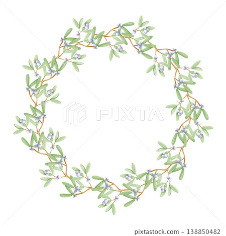 Watercolor mistletoe branches round wreath frame isolated on white. Traditional Christmas plant for winter holidays stickers and labels design. Elegant botanical hand drawn template with copy space Watercolor mistletoe branches round wreath frame isolated on white. Traditional Christmas plant for winter holidays stickers and labels design. Elegant botanical hand drawn template with copy space 138850482