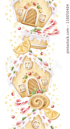 Delicious Christmas desserts watercolor seamless border isolated on white. Gingerbread house cookie with candy canes, cakes and dry orange slices vertical repeat background. Winter holidays sweet food 138850484