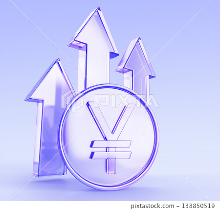 Japanese yen or Chinese yuan glass hologram coin 3D icon with growing up arrows on blue bg. Asian money with currency sign. Financial growth, investment success, CNY JPY exchange rate. 3D illustration Japanese yen or Chinese yuan glass hologram coin 3D icon with growing up arrows on blue bg. Asian money with currency sign. Financial growth, investment success, CNY JPY exchange rate. 3D illustration 138850519