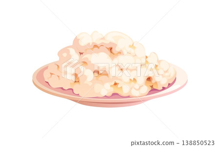 Cottage cheese curd dairy food ingredient. Cartoon vector creamy soft lump of fresh milk product served on plate. Natural healthy protein rich nutrition for breakfast snack or homemade cuisine cooking 138850523