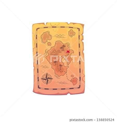 Pirate map of treasures on island of Caribbean corsairs, cartoon vector icon. Pirate treasure map on old paper parchment papyrus with sailing way to secret place in sea or ocean island for pirate icon 138850524