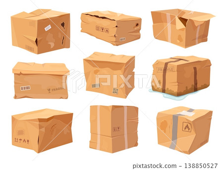Crumpled and damaged cargo delivery boxes with torn edges and wrinkled surfaces. Cartoon vector broken ripped parcel cardboard package for delivery problems, recycling education materials Crumpled and damaged cargo delivery boxes with torn edges and wrinkled surfaces. Cartoon vector broken ripped parcel cardboard package for delivery problems, recycling education materials 138850527