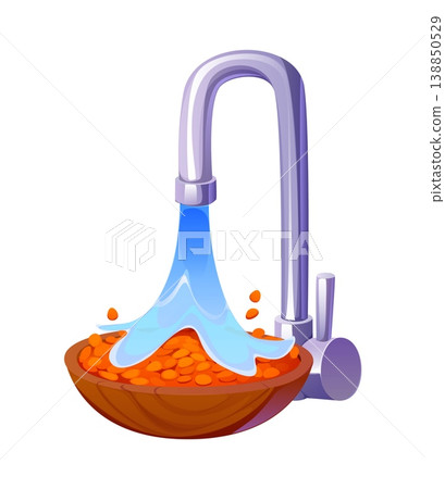 Cartoon dry lentils being poured from sink tap into a wooden vector bowl with water stream, depicting the process of rinsing grains before cooking as part of food preparation in a kitchen environment Cartoon dry lentils being poured from sink tap into a wooden vector bowl with water stream, depicting the process of rinsing grains before cooking as part of food preparation in a kitchen environment 138850529