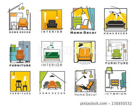 Home interior decor and furniture vector icons of living rooms with chairs, sofa and reading corners with lamps. Home interior icon of decorative shelves and vases, modern armchairs and coffee table Home interior decor and furniture vector icons of living rooms with chairs, sofa and reading corners with lamps. Home interior icon of decorative shelves and vases, modern armchairs and coffee table 138850532