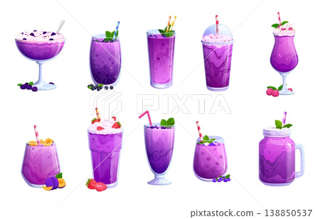 Purple smoothie and milkshake dessert drinks in cocktail, highball and mason jar glasses with straws, whipped cream, mint leaves and fresh blueberry, raspberry, strawberry and plums 138850537