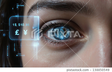 Biometrics currency cybersecurity close up of a human eye with a digital interface representing the future of digital finance 138850549
