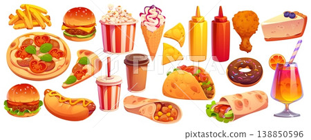 Fast food, dessert and takeaway drinks. Cartoon pizza slices, hamburger, hot dog, tacos, burrito, french fries, popcorn bucket and chicken drumstick, coffee cup and soda, donut, ice cream cocktail 138850596