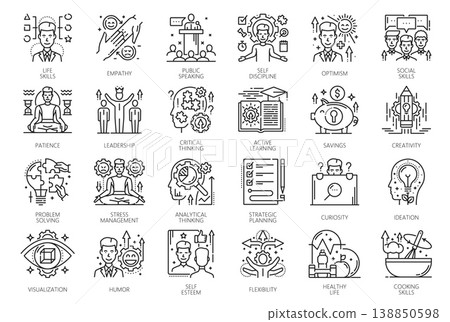 Life skill icons, vector line signs of empathy, communication, leadership, critical thinking, learning, creativity and personal development. Symbols for psychology, motivation and healthy lifestyle Life skill icons, vector line signs of empathy, communication, leadership, critical thinking, learning, creativity and personal development. Symbols for psychology, motivation and healthy lifestyle 138850598