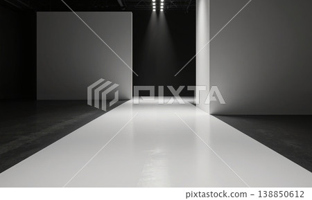Runway catwalk studio featuring an empty white stage under bright spotlights in a dark minimalist setting for fashion events Runway catwalk studio featuring an empty white stage under bright spotlights in a dark minimalist setting for fashion events 138850612