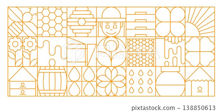 Honey apiary beekeeping abstract geometric pattern with linear bees, hives, honeycombs, flowers, beekeeper figure, honey drops and farm symbols. Vector retro background, apiary layout with yellow grid 138850613