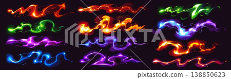 Cartoon game magic power waves, wizard glow vfx light effect. Red, orange, green, blue and purple streams with fluid curves fantasy magic effect. Vector glowing energy flames, dynamic swirling shapes 138850623