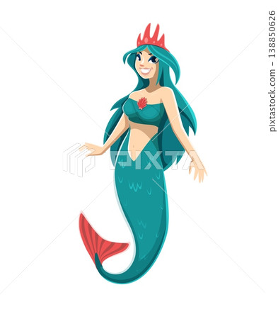 Cartoon mermaid character. Adorable cute underwater sea princess with turquoise flowing hair, shimmering tail and smiling face. Isolated vector personage of magical or pirate adventure story or game 138850626