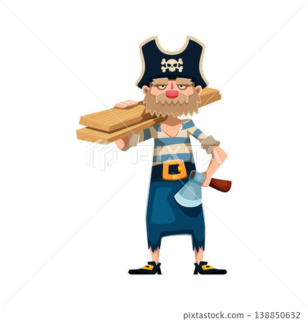 Cartoon pirate carpenter ship crew character in striped shirt holds an axe and wooden planks on shoulder. Vector corsair sailor sporting a beard, and tricorn hat, ready for ship repair and carpentry 138850632