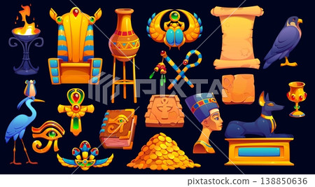 Egypt game icons asset, ancient egyptian symbols and treasures of cartoon UI. Vector gold scarab, stone tablet, pharaoh throne and papyrus scroll. Egypt civilization game golden coins and ankh icons 138850636