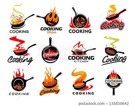 Cook pan icons with frying food and fire, vector kitchen utensils and chef kitchenware. Cooking pan, saucepan, skillet and wok symbols with frying vegetables, hot chili peppers, meat steak and steam 138850642