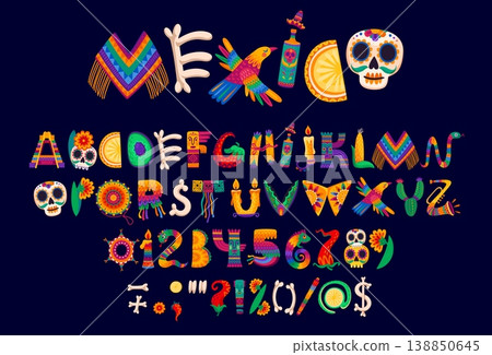 Mexican folk font, cartoon national type letters alphabet with fiesta pattern. Vector typography set of mexican font alphabet characters with Mexico holiday sombrero, tequila, aztec pyramid and skull Mexican folk font, cartoon national type letters alphabet with fiesta pattern. Vector typography set of mexican font alphabet characters with Mexico holiday sombrero, tequila, aztec pyramid and skull 138850645