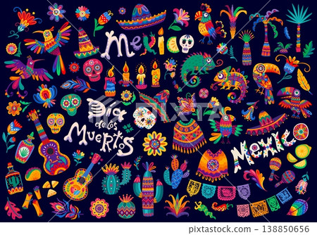 Mexican objects, guitars and papel picado, parrots and toucans, national cuisine food, candles, cacti or palm. Vector mexican chameleons, hummingbirds and flowers, sombrero and calavera skulls objects 138850656