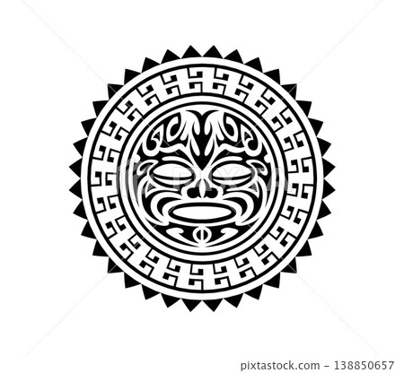 Maori sun face medallion tribal black tattoo or decor. Samoan ethnic folk print, Maori warrior graphic symbol. New Zealand tribal black tattoo 138850657