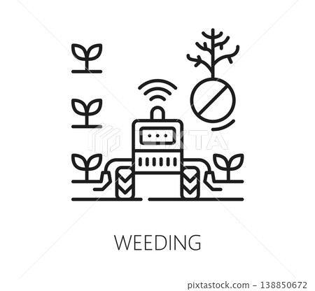 Smart farm weeding robot, agriculture technology thin line icon. Agriculture robot tech linear vector symbol, digital solution icon. Smart farm innovation outline sign with self driven robotic tractor Smart farm weeding robot, agriculture technology thin line icon. Agriculture robot tech linear vector symbol, digital solution icon. Smart farm innovation outline sign with self driven robotic tractor 138850672