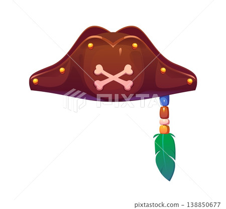 Cartoon pirate and corsair tricorn hat. Vector sailor or sea captain headwear, carnival costume hat with crossbones emblem, beads and feather. Brown buccaneer cocked cap. Caribbean rover headwear 138850677