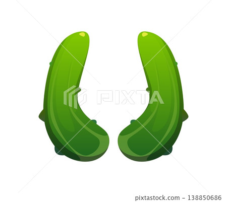 Cartoon brackets sign as cucumber vegetable, agriculture typeface, farm font, harvest type, funny alphabet symbol. Vector typography glyph as natural veggie plant, eco typeface, typographic character Cartoon brackets sign as cucumber vegetable, agriculture typeface, farm font, harvest type, funny alphabet symbol. Vector typography glyph as natural veggie plant, eco typeface, typographic character 138850686