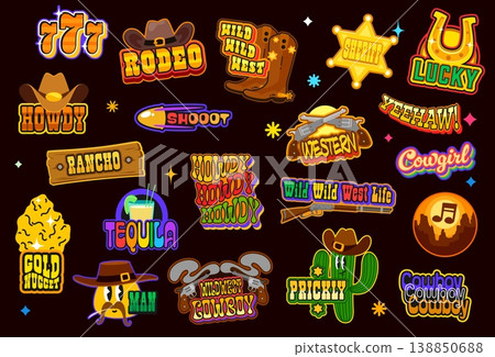 Wild West retro y2k groovy stickers, Western patch labels of vector cowboy hats, boots and cactus emoji, sheriff star and guns. Cute y2k smile emoticon, Western horseshoe and gold nugget stickers pack 138850688