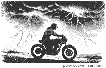 Motorcyclist Riding Through Storm with Lightning 138850875