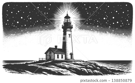 Lighthouse Shining Bright Under Starry Night Sky 138850879