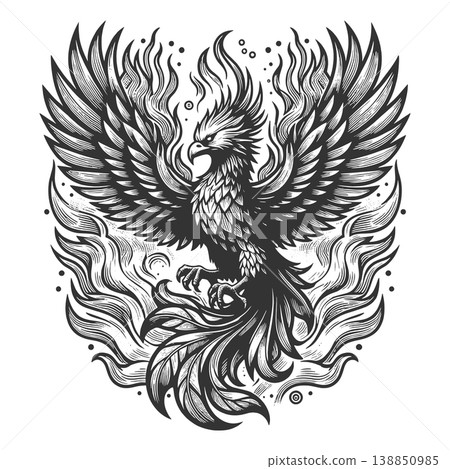 Phoenix Bird Rising From Flames engraving vector 138850985