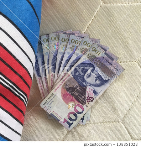 Georgian Lari Banknotes Hidden Under Mattress Corner 138851028