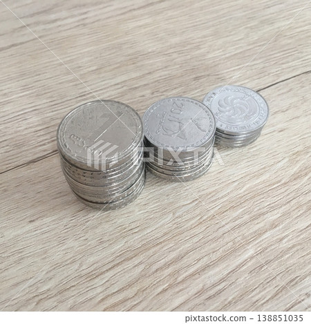 Stacks of Georgian Lari and Tetri Coins on Wooden Background 138851035