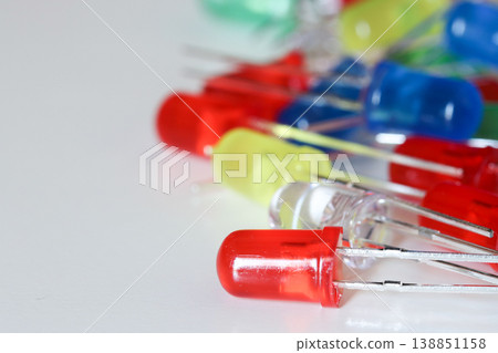 Mixed LED diodes on white background with shallow depth of field Mixed LED diodes on white background with shallow depth of field 138851158