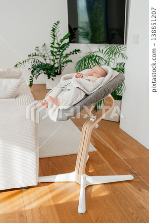 Infant lying in baby bouncer in a bright modern living room. Cozy home interior with natural light and minimal decor. Parenting and childcare lifestyle concept. Infant lying in baby bouncer in a bright modern living room. Cozy home interior with natural light and minimal decor. Parenting and childcare lifestyle concept. 138851207