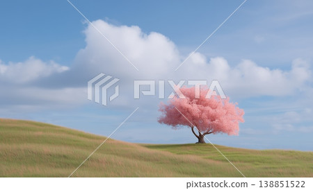 Pink flowering tree stands solitary on a gently sloping green hill, creating a serene and picturesque landscape under a clear blue sky with scattered clouds 138851522