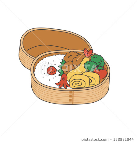 便當盒簡圖。食材:炸雞、炸蝦、煎蛋。午餐盒。 便當盒簡圖。食材:炸雞、炸蝦、煎蛋。午餐盒。 138851844