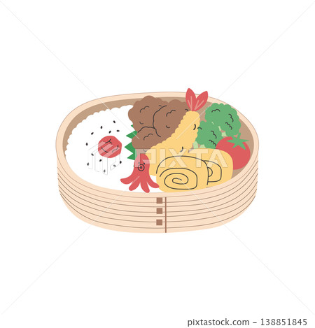 便當盒簡圖。食材:炸雞、炸蝦、煎蛋。午餐盒。 便當盒簡圖。食材:炸雞、炸蝦、煎蛋。午餐盒。 138851845