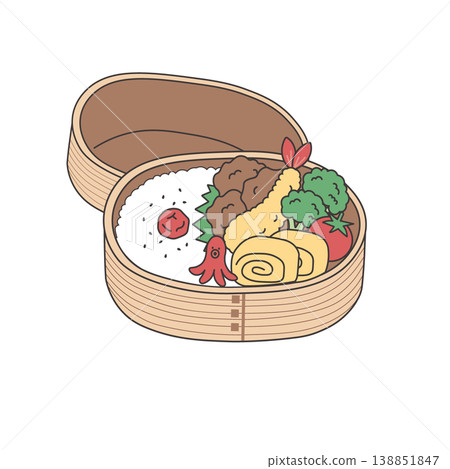 便當盒簡圖。食材:炸雞、炸蝦、煎蛋。午餐盒。 便當盒簡圖。食材:炸雞、炸蝦、煎蛋。午餐盒。 138851847