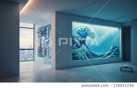 Tidal energy apartment featuring futuristic wave mural and advanced engineering systems overlooking modern city skyline view 138852248