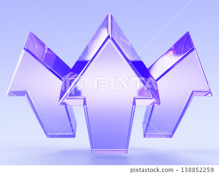 Hologram glass up arrows 3D tech background. High speed upward movement effect. Purple crystal direction signs render top view. Financial growth icon, business success, way forward. 3D illustration 138852259