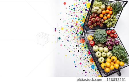 Shopping cart vegetables groceries overhead view of fresh produce in metal basket with colorful paint splatters and copy space 138852261