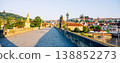 A stunning view showcases the historic Charles Bridge leading to Prague Castle, featuring cobblestone pathways and charming rooftops under a clear blue sky. 138852273