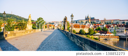 A stunning view showcases the historic Charles Bridge leading to Prague Castle, featuring cobblestone pathways and charming rooftops under a clear blue sky. 138852273