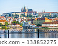 The scene shows Prague Castle rising above the city. Houses and trees line the river below. Many buildings have red roofs. The clear sky makes for a bright day in Prague. 138852275