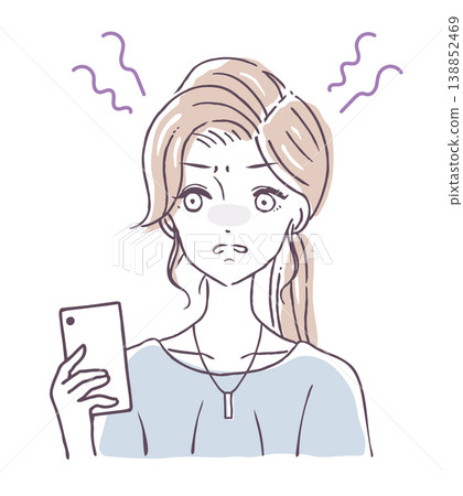 Vector illustration of a woman looking annoyed at her smartphone. Vector illustration of a woman looking annoyed at her smartphone. 138852469