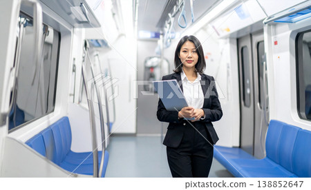 confident Asian businesswoman holding clipboard standing in subway train. Professional female employee commuter in black suit for business travel, career, and leadership concept 138852647