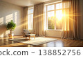Modern minimalist living room interior with armchair, green plant, and wooden floor. Bright morning sunlight streaming through window with beige curtains, creating warm cozy home atmosphere. 138852756